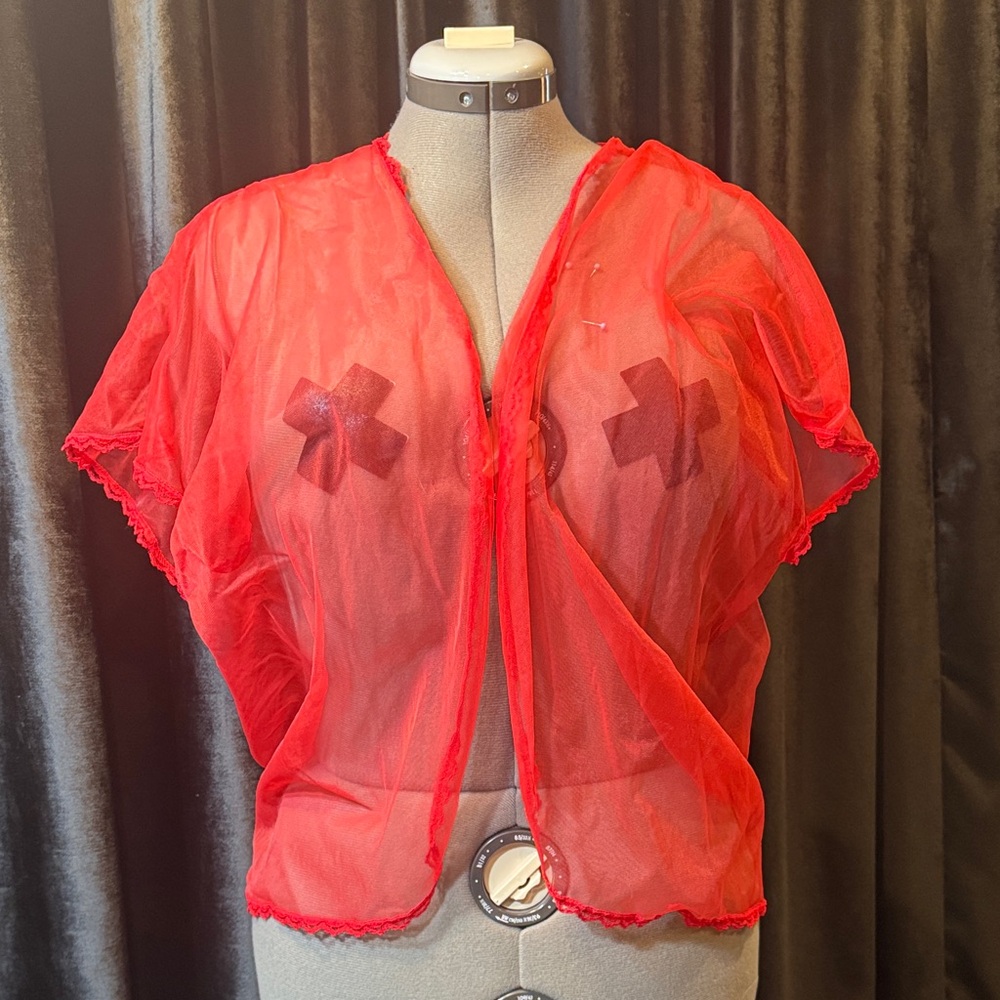 Sheer Red Short Sleeve Mesh Cover-Up Vintage